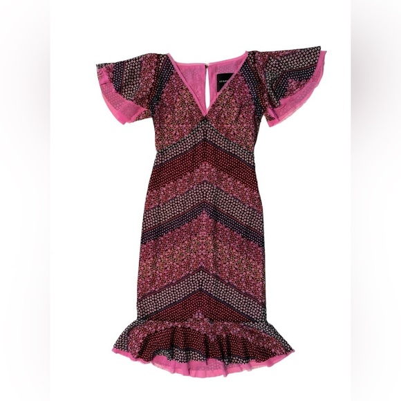 Le Superbe Floral Chiffon Raw Hem Pink Overlay Midi Dress Flutter Sleeve 4 - Picture 8 of 11